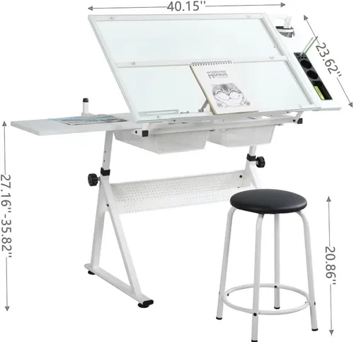 Vista 2 de Escritorio de mesa de dibujo ajustable en altura con taburete, parte superior de vidrio templado Blanco
