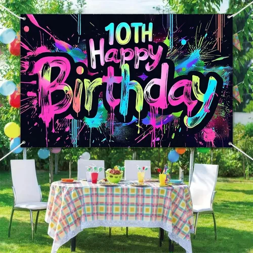 Vista 6 de HOMETITUTE Pancarta de Neón de Feliz 10mo Cumpleaños 71 x 43 pulgadas, Salpicadura de Pintura que Brilla en la Oscuridad, Telón de Fondo