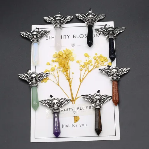 Vista 6 de LHJ 7 colgantes de piedra natural hexagonales puntiagudos chakras cristal ágata piedra cráneo ala diablo aleación diseño para hacer joyas collar