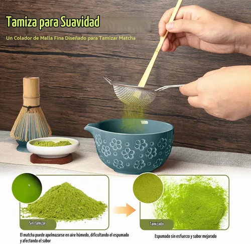 Vista 4 de Kit de juego de batidor de Matcha: Juego de Matcha japonés - Tazón de cerámica, batidor de bambú, Chasen, soporte para cuchara, cuchara medidora