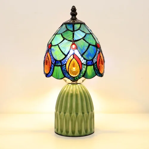 Vista 9 de Tiffany Stained Glass Mushroom Table Lamp 12.5 Inch -Blue Peacock Tiffany Lamp,6X6X12.5 Inch,Small Night Light,Ceramic Base, Mini Accent Light