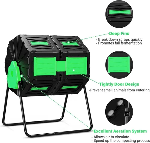 Vista 8 de Vaso de compost, fácil de montar y eficiente, contenedor de compost para exteriores, 45 galones/170 litros, compostador giratorio de doble cámara