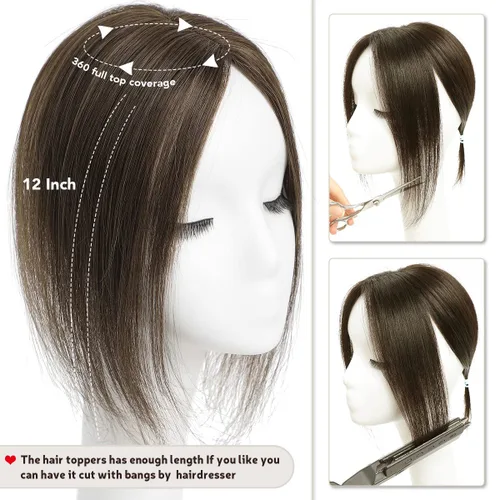 Vista 2 de Aimeolyn - Pelucas para mujeres de cabello humano real, topper de cabello de 12 pulgadas para mujeres sin flequillo, extensiones de cabello