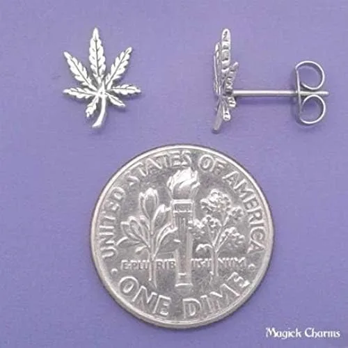Vista 2 de Pendientes de plata de ley 925 con hojas de marihuana y cannabis, Plata de ley