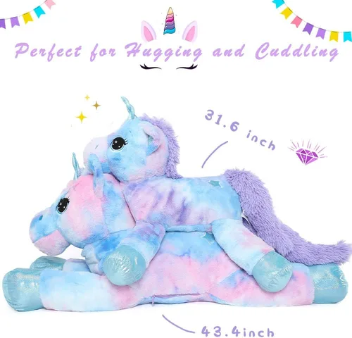 Vista 6 de Muiteiur Animal de peluche de unicornio de 31.6 pulgadas, unicornio de peluche grande para niñas, almohada de felpa suave, regalos para niñas y Azul