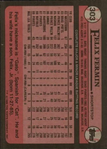Vista 2 de 1989 Topps Baseball Card #303 Felix Fermin