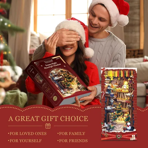 Vista 7 de Rincón de Navidad para Libros, Kit de Casa de Muñecas DIY para Adultos, Estantería con Luces LED, Rompecabezas 3D de Madera, Kits de Miniaturas
