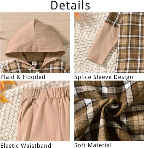 Vista 4 de Aalizzwell Conjunto de sudadera con capucha a cuadros para niños pequeños