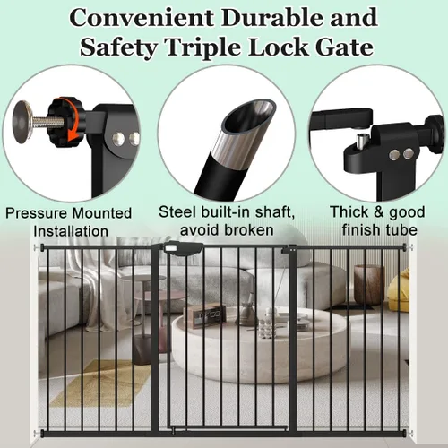 Vista 2 de ALLAIBB Triple Lock - Puerta extra ancha para bebé, montada a presión, para caminar a través de cierre automático seguro, de metal negro, perro