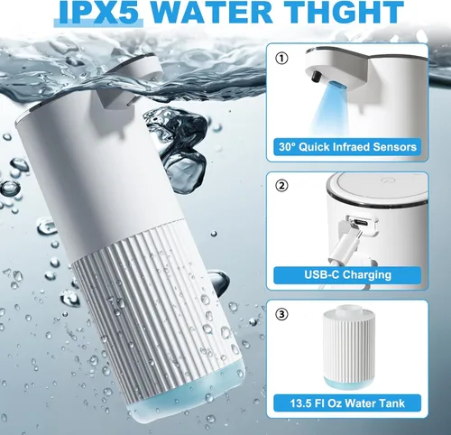Vista 4 de RYTOXILO Dispensador automático de jabón, paquete de 2 dispensadores de jabón líquido sin contacto blanco para baño, dispensador eléctrico