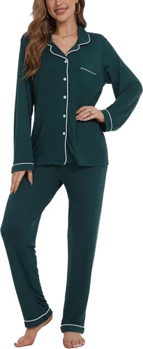 Vista 12 de Juego de pijama con botones para mujer, de manga larga, ropa de dormir suave, conjunto de ropa de descanso, tallas XS-XXL bean paste
