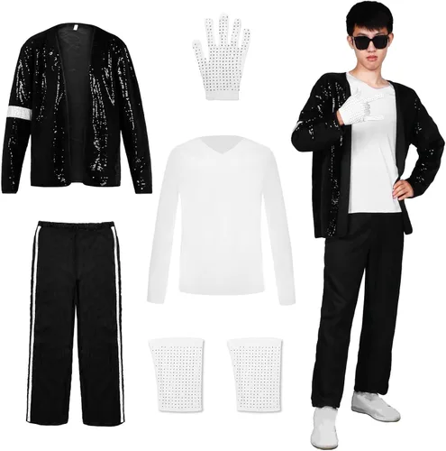 Vista 2 de DreamJ Disfraz de baile de lentejuelas para niños, disfraz de Halloween con chaqueta, camiseta, guante, juego de rol, disfraz de baile