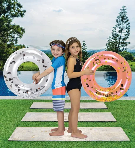 Vista 5 de Paquete de 4 flotadores inflables para piscina para niños, anillos flotantes de piscina rellenos de confeti brillante, lindos flotadores de piscina