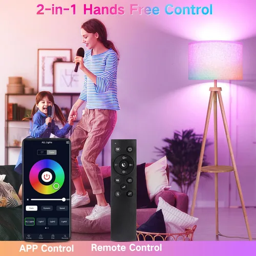 Vista 2 de OUTON - Lámpara de pie con trípode y estantes, lámpara de pie de madera de mediados de siglo regulable con control remoto, 4 temperaturas