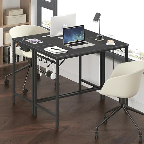 Vista 4 de HOOBRO BB40UDN01 - Escritorio pequeño de 31.5 pulgadas con toma de corriente, mesa de escritura con puertos de carga USB y 3 ganchos para oficina