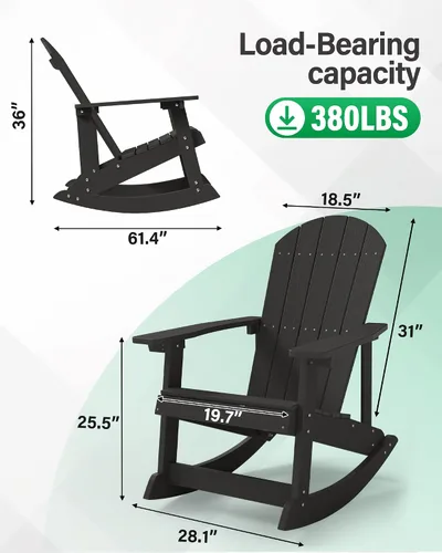 Vista 3 de YEFU Mecedora para exteriores, mecedora Adirondack, silla mecedora de patio con respaldo ancho, silla mecedora de gran tamaño con aspecto de madera