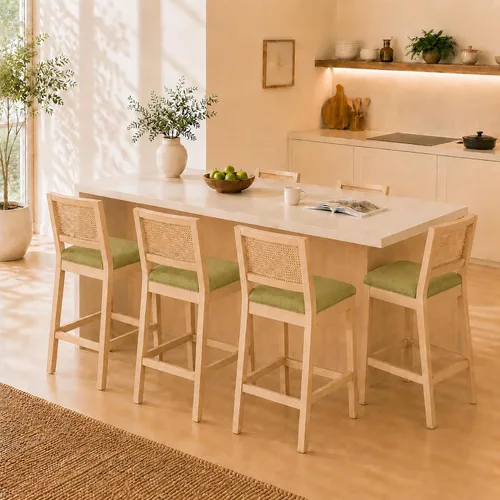 Vista 16 de Juego de 2 taburetes de bar de altura de mostrador, sillas de isla de cocina con respaldo de caña beige, taburetes de bar de ratán con respaldo