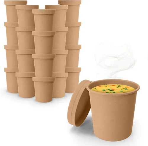 Vista 10 de MT Products Vasos de sopa de papel Kraft de 8 onzas, recipientes desechables para sopa con tapas, paquete de 20