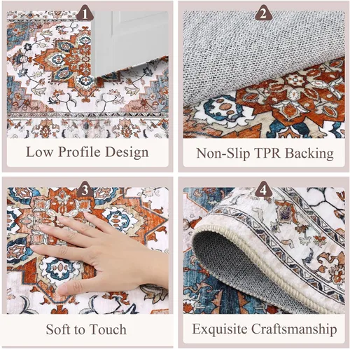 Vista 7 de Bsmathom Alfombra de pasillo para pasillos, antideslizante, lavable, estilo bohemio, 2 x 6 pies, alfombra de pelo bajo, alfombra vintage para Azul