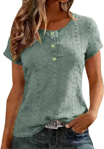 Vista 16 de Camiseta de manga corta con cuello redondo para mujer, blusa holgada con ojales, casual, holgada, para vacaciones, playa, lunares suizos