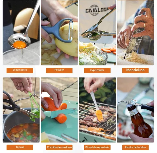 Vista 6 de Gaialoop Juego Portátil de Utensilios de Cocina para Acampar, Equipo de Cocina de Campamento y de Fogata, Esenciales para RV, Accesorios Imperdibles