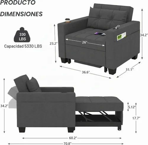 Vista 2 de Silla cama 3 en 1 de 36 pulgadas, sofá cama extraíble convertible, lino Gris-oscuro