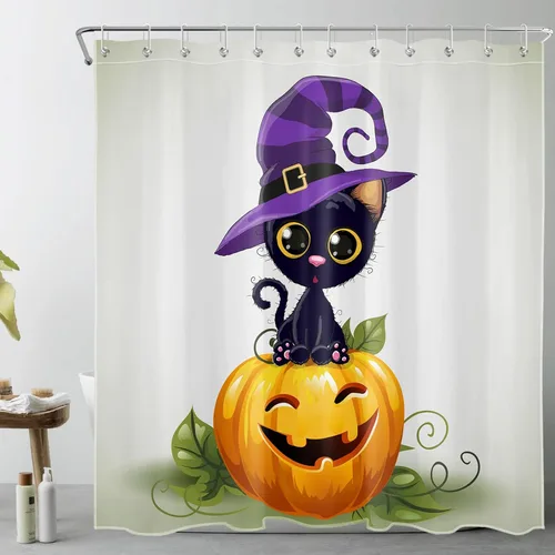 Vista 13 de LB Cortina de ducha de Halloween, cementerio de terror, fantasma, gatos negros en árbol, calabaza, cortinas de ducha para baño con ganchos, 60 x 72