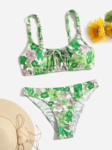 Vista 6 de Cozyease Traje de baño floral de 2 piezas para mujer con nudo frontal inalámbrico lindo conjunto de bikini
