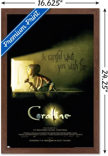 Vista 3 de Trends International Coraline - Póster de pared con texto en inglés «Be Careful» Versión enmarcada de caoba