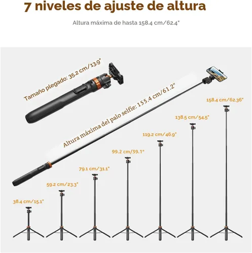 Vista 2 de K&F CONCEPT Palo de Selfie Trípode para Teléfono de 62 pulgadas, 2 en 1, ligero y extensible, soporte de trípode para teléfono celular con control