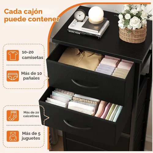 Vista 4 de Sweetcrispy Cómoda alta de tela para dormitorio, cómoda delgada de 6 cajones, torre de almacenamiento estrecha con parte superior de madera y marco