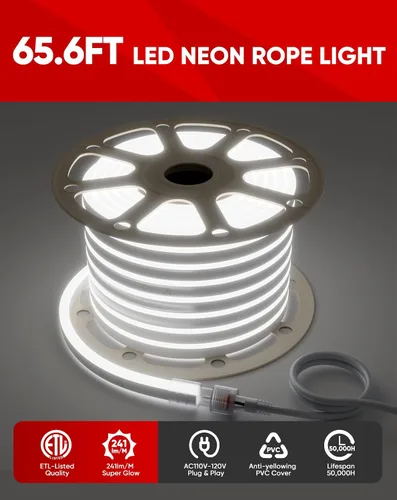 Vista 3 de Shine Decor Paquete de productos de cable de alimentación con kit de luces LED de neón blancas de 6300 K de 65.6 pies