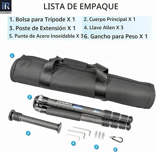 Vista 7 de Trípode de fibra de carbono-INNOREL CT75C - Trípode de viaje portátil profesional compacto para cámara de video digital DSLR, carga de 44.1 lb/20
