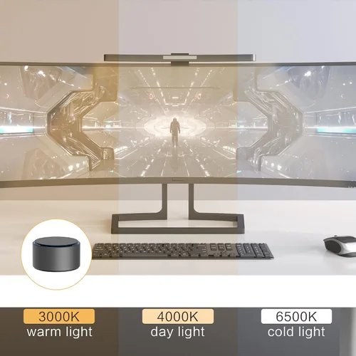 Vista 7 de Barra de luz curva para monitor ONWAY con control remoto inalámbrico, barra de luz para monitor con atenuación automática y base para cámara