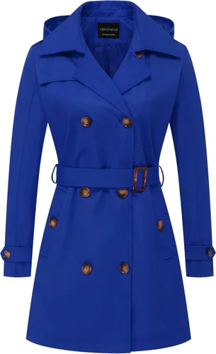 Vista 24 de CREATMO US Gabardina para mujer con doble botonadura clásica con solapa, con cinturón y capucha desmontable Albaricoque