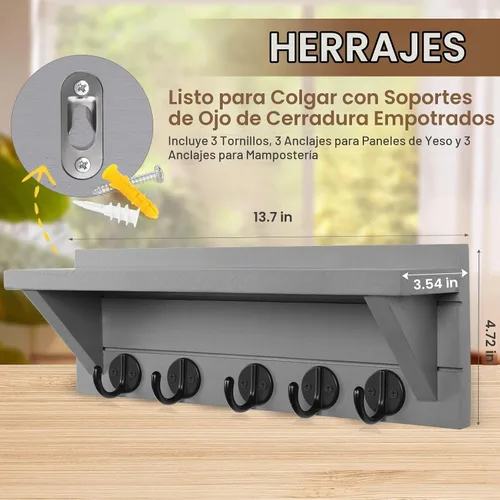Vista 8 de Lwenki Soporte para Llaves de Pared con Estante, Estante Rústico con Ganchos Hecho de Madera de Paulownia que Sostiene Llaves, Correa de Perro Gris