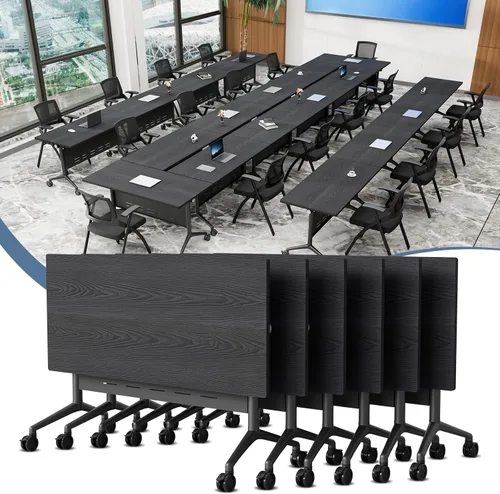Vista 21 de Mesa de conferencias plegable con ruedas, mesa modular para sala de conferencias con 2 ojales para cables, mesas móviles de sala de reuniones
