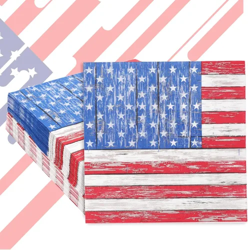 Vista 2 de Whaline 80 servilletas de papel patrióticas desechables del 4 de julio, servilletas rústicas con bandera estadounidense con estrellas y rayas
