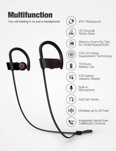 Vista 2 de Auriculares Bluetooth, auriculares inalámbricos IPX7 impermeables deportivos con micrófono HD estéreo a prueba de sudor, auriculares intraurales