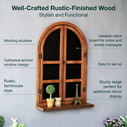 Vista 4 de Marco de madera rústico con marco de madera arqueada, decoración de pared con alféizar de ventana y persianas, decoración de ventana de pared