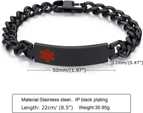 Vista 2 de VNOX Pulsera de identificación de alerta médica con grabado gratuito para hombres y mujeres, etiqueta médica, cadena de eslabones de acero inoxidable