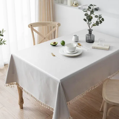 Vista 5 de Mantel para mesas rectangulares con borlas, revestimiento impermeable de vinilo TPU, cubierta de mesa con respaldo de arpillera de lino y algodón