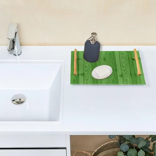 Vista 7 de Bandeja decorativa de barra con textura de madera verde a rayas con asas, bandeja de cama de desayuno para joyería, perfume para sofá, bandejas