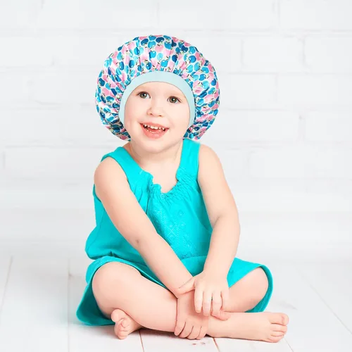 Vista 2 de 3 gorros para niños, gorros para niñas, gorro de seda satinada para dormir, gorro de dormir de banda ancha suave para trenzas de cabello rizado