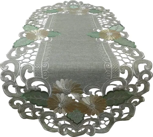 Vista 4 de Tapete redondo o mantel individual con margarita dorada sobre arpillera verde salvia, material de lino, tamaño 7 pulgadas