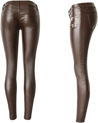 Vista 2 de Newbestyle - Pantalones de mezclilla de piel sintética con estilo para mujer