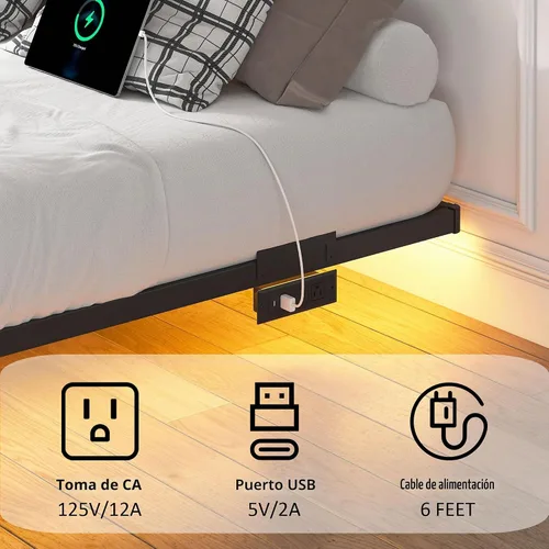 Vista 4 de YORMDMO Base de cama flotante tamaño individual, marco de cama resistente con luces LED inteligentes y estación de carga, cama moderna de plataforma