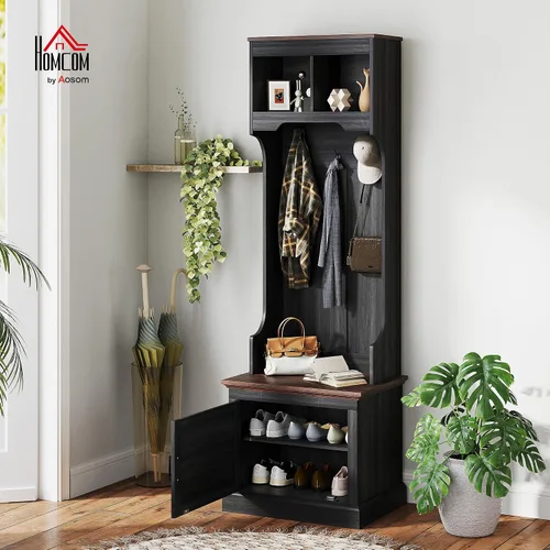 Vista 2 de HOMCOM Árbol de pasillo con almacenamiento de zapatos, perchero de entrada Grano de madera negro