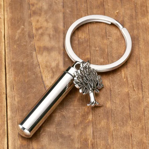 Vista 3 de Jovivi Llavero cilíndrico de acero inoxidable para cenizas con árbol de la vida, colgante para cenizas, joyería conmemorativa