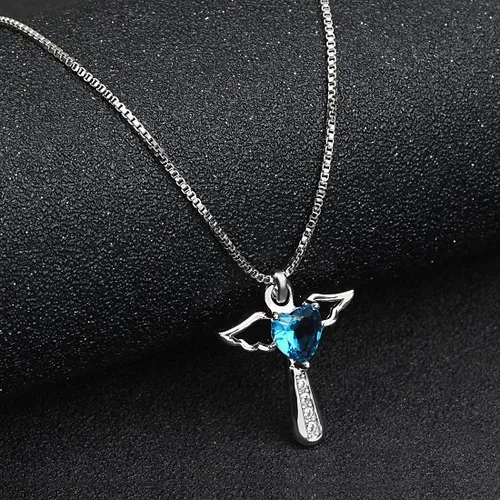 Vista 5 de Ckysee Angel Birthstone Necklaces Heart Cross Necklace for Girls Kids Women Cubic Zirconia Angel Wing Birthstone Heart Charm Pendant Necklace Gifts